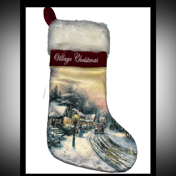 THOMAS KINKADE Village Christmas Fur Stocking Gold Embroidery 15"  Satin lining - Picture 1 of 15
